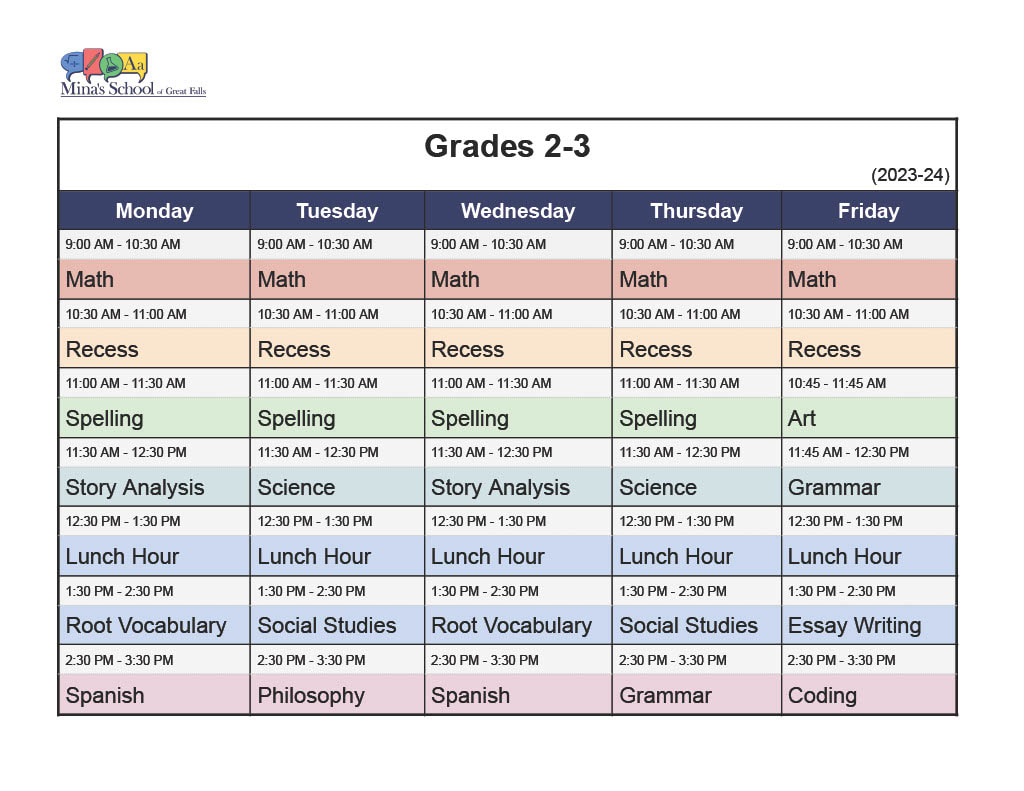 Mina's School Schedule for Grades 2-3, 2023-24